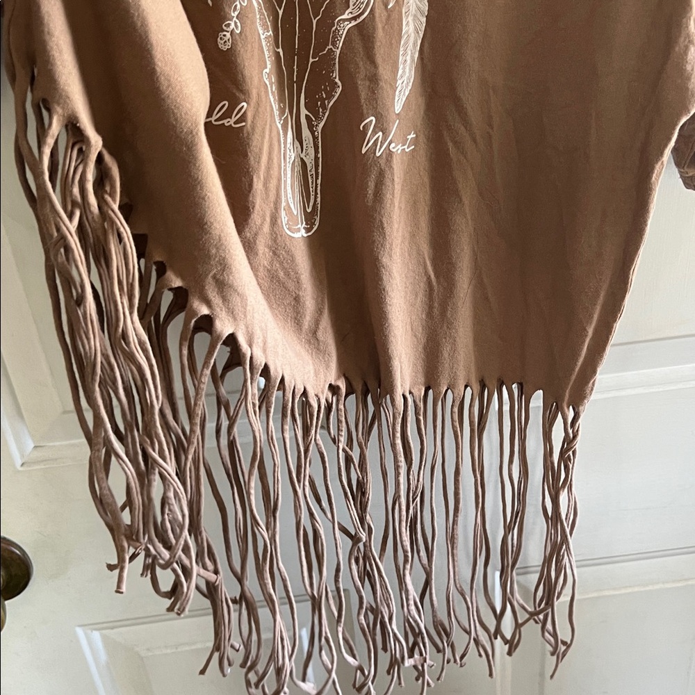 Wild West Brown Graphic Tee with Fringe and Bull Design - Picture 3 of 4